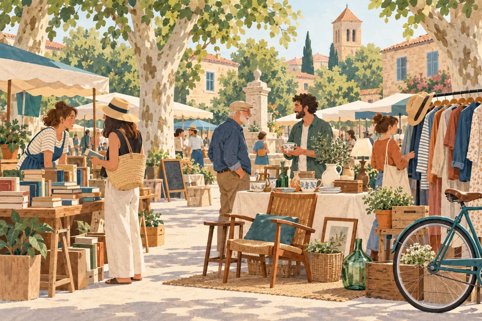 Illustration d’une brocante conviviale avec des stands et des visiteurs
